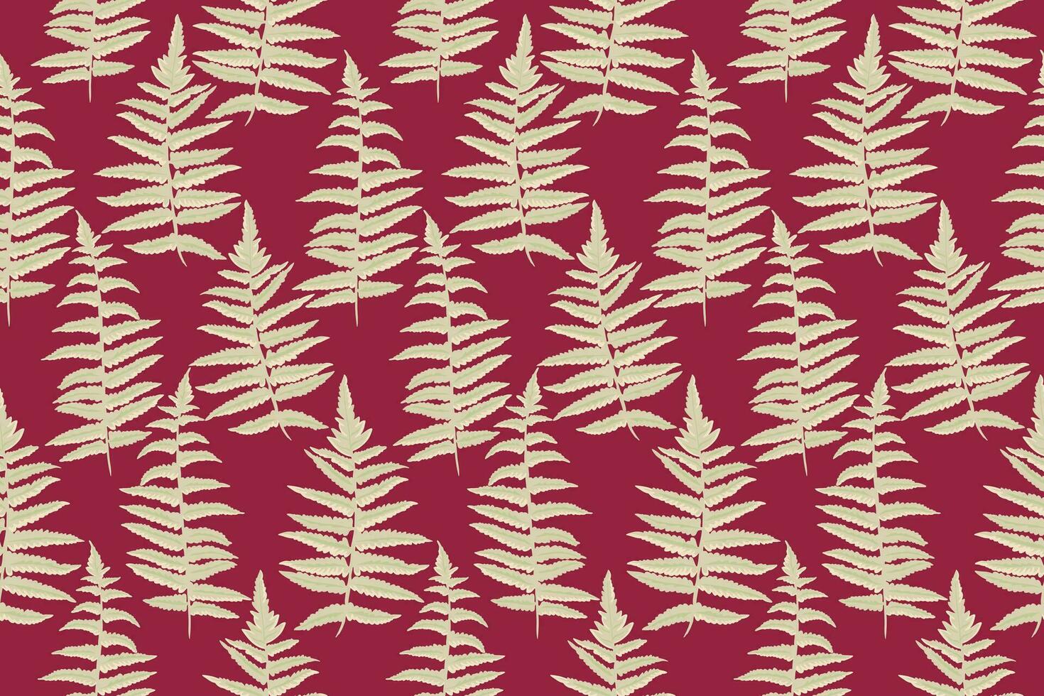 Seamless art shape leaves fern pattern. Vector hand drawn. Abstract stylized silhouettes leaf stems print on a burgundy background. Design for fashion, fabric, wallpaper
