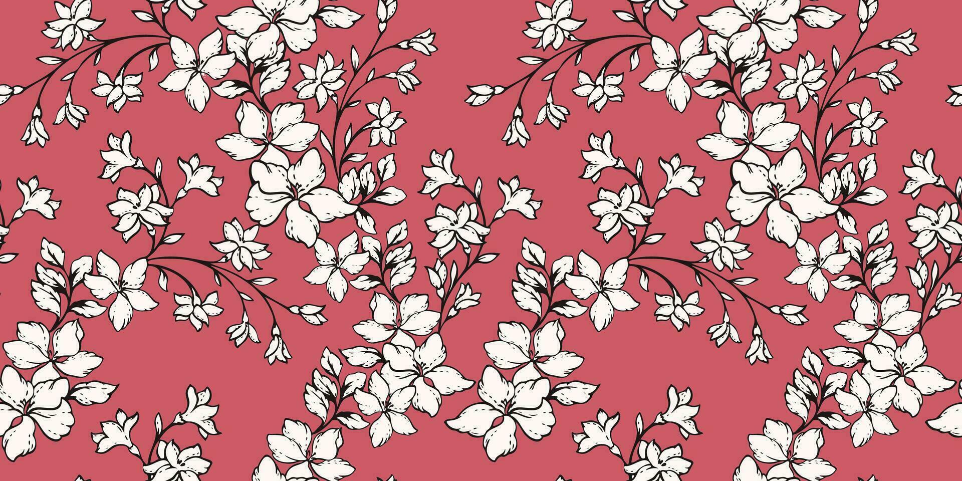Abstract artistic branches flowers in a intertwined seamless pattern. Vector hand drawn. Blooming spring or summer meadow burgundy print. Template for design, textile, fabric, wallpaper, fashion