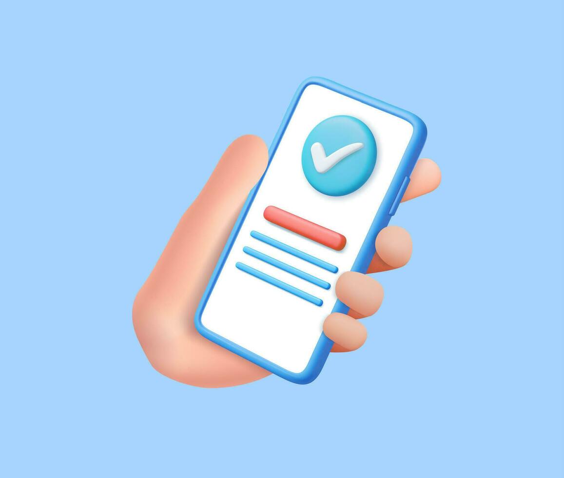 3D Hand holding mobile phone with check mark vector