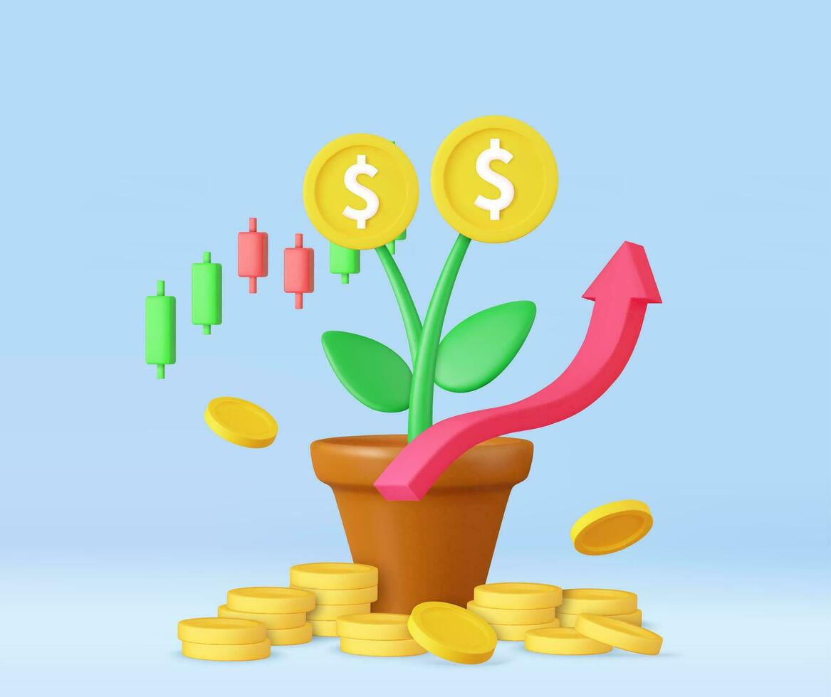 3d money tree plant with coin vector