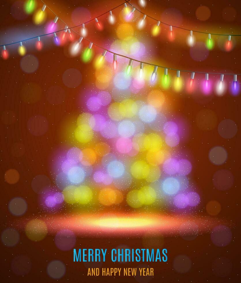 Shiny fir tree with Christmas lights. vector