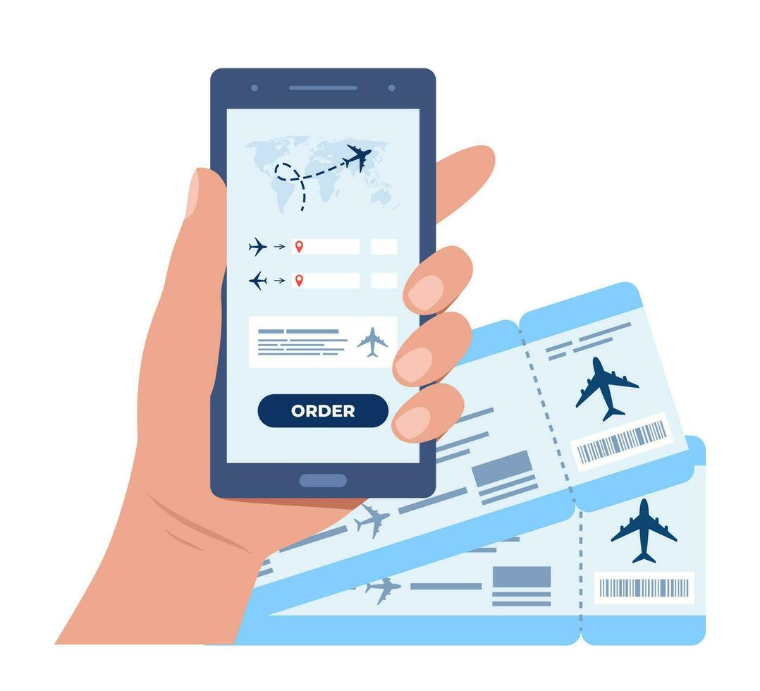 Hand holding phone with flight tickets online booking concept. Buying ticket with smartphone. Booking flights travel. Buy ticket online. Online registration. Vector illustration.