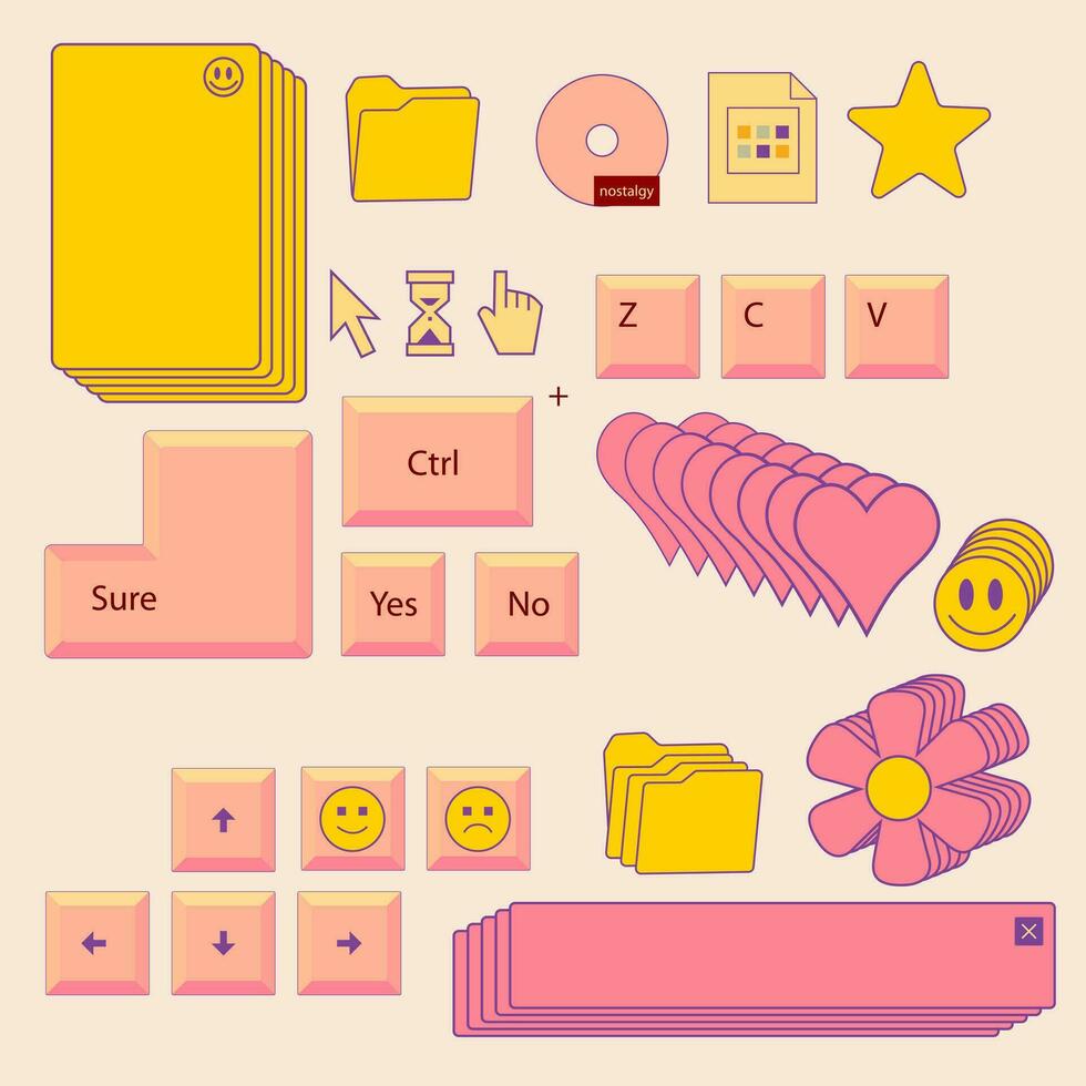 Retro message box, keyboard buttons, icons. Old user interface. Old style operating system. Window with push notification. Nostalgia set of 1990s, 2000s pc elements. Groovy Y2K style illustration. vector