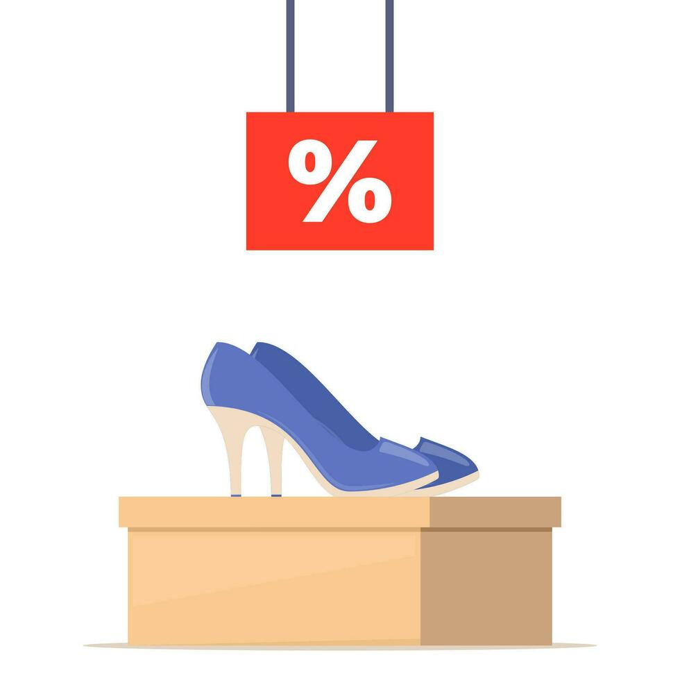 Shoe box with footwear. Stylish modern woman shoes on box, side view. The price tag with discount percent sign. Shoes sale in store. Vector illustration.