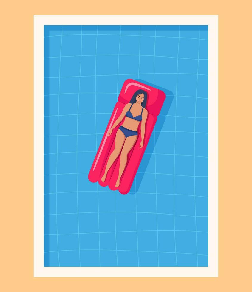 Happy woman in swimsuit floating on inflatable mattress in swimming pool. Relaxation, enjoying life concept. Top view. Summer time vacations. Vector illustration.