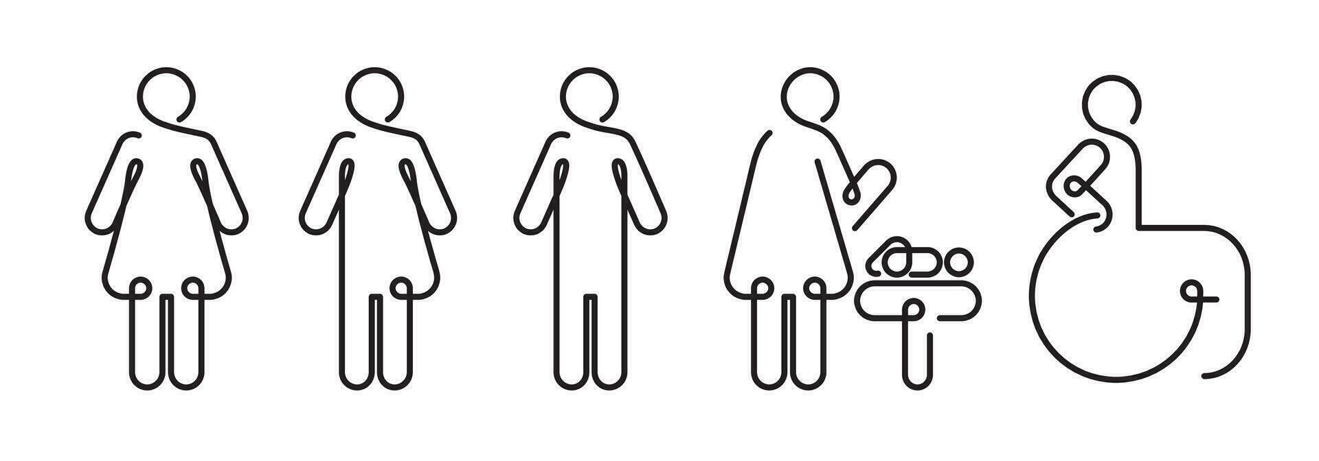 Linear toilet icon set. Male, female, transgender signs. WC sign. All gender restroom sign. Men, women, mother and baby, handicap symbols. Disabled person. Editable stroke. He, She, They symbols. vector