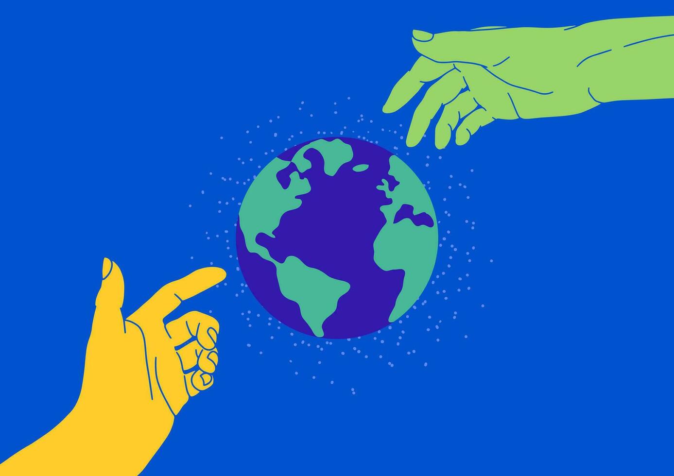Planet Earth and human hands. Earth day poster, card, flyer. World environment day. Hand reaching out to each other. Save the planet concept. Impact on space. Human hand manipulating planet Earth vector