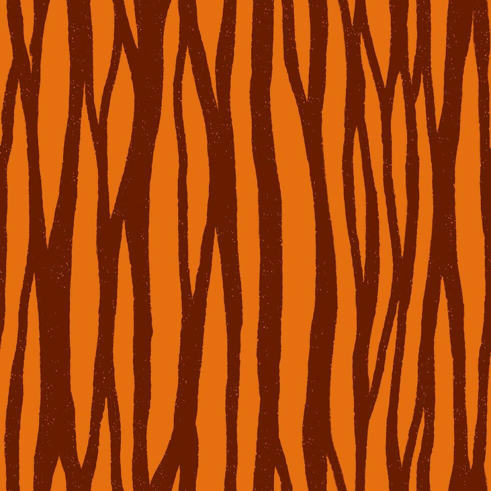 Seamless pattern with hand drawn chaotic stripes. Tiger skin texture. Orange and brown vertical lines. Animal print with grunge effect vector