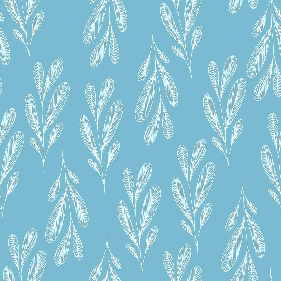 sin costura lineal botánico modelo con hoja. línea Arte. ramas con venoso hojas en azul antecedentes. Clásico textura con plantas vector