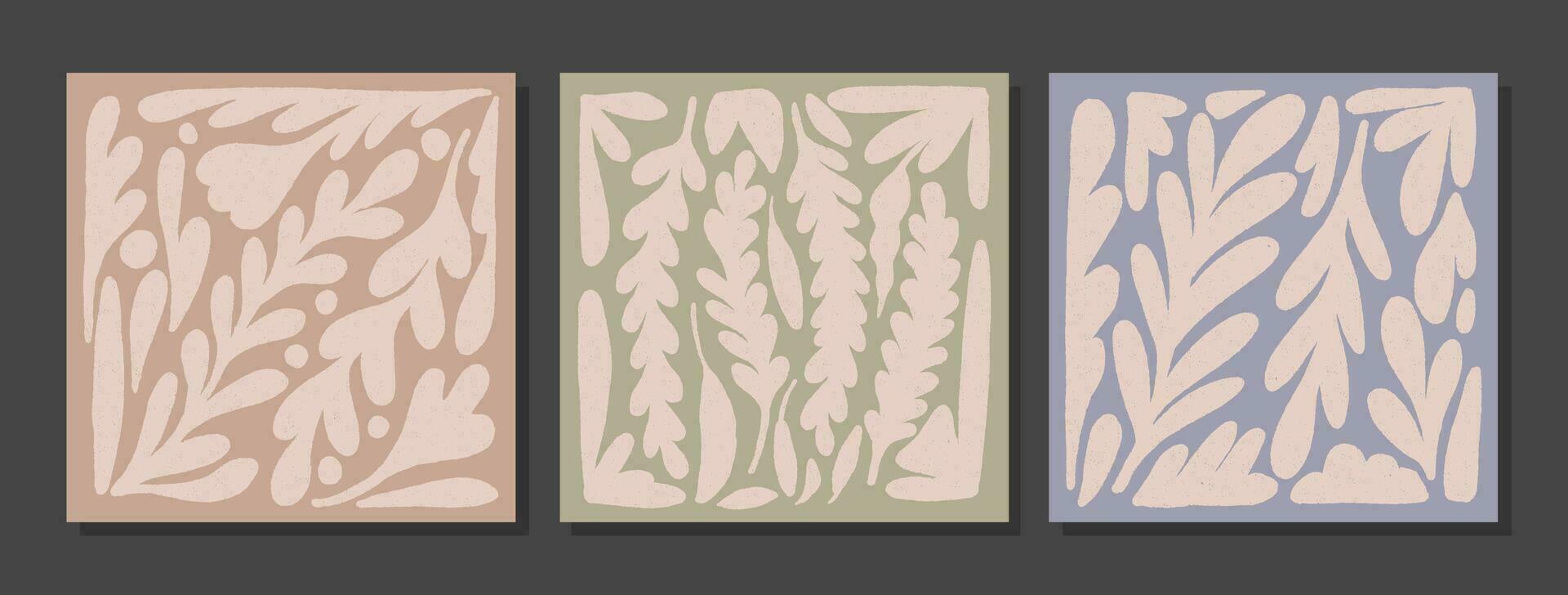 Set of wall art with plants silhouettes. Collage with curly branches with grunge texture. Retro style abstract minimalist art mural illustration. Collection of simple floral patterns vector