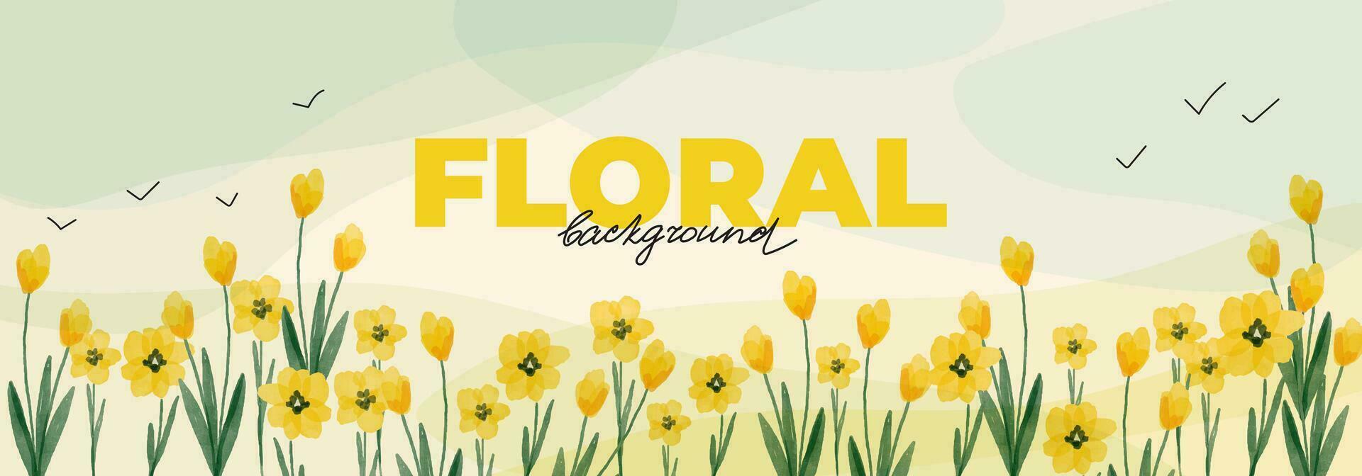Spring background with watercolor botanical elements for banner design. Template with yellow flowers, tulip field, floral elements, stems. Landscape illustration vector