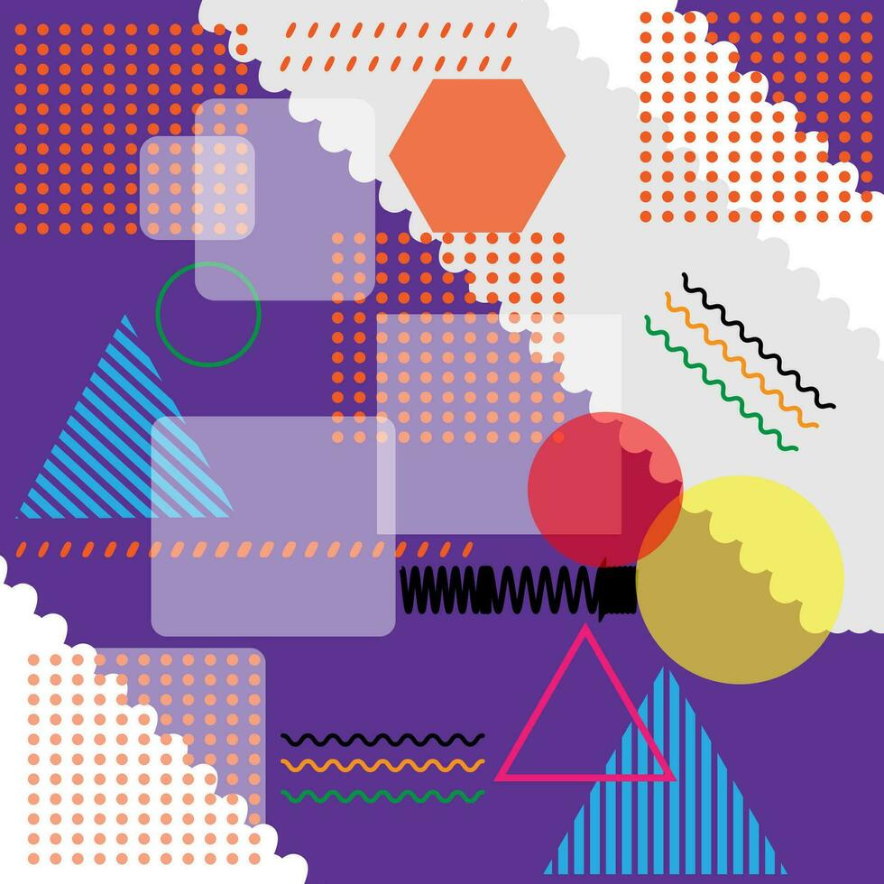 A set of multi-colored geometric shapes with a purple background. vector