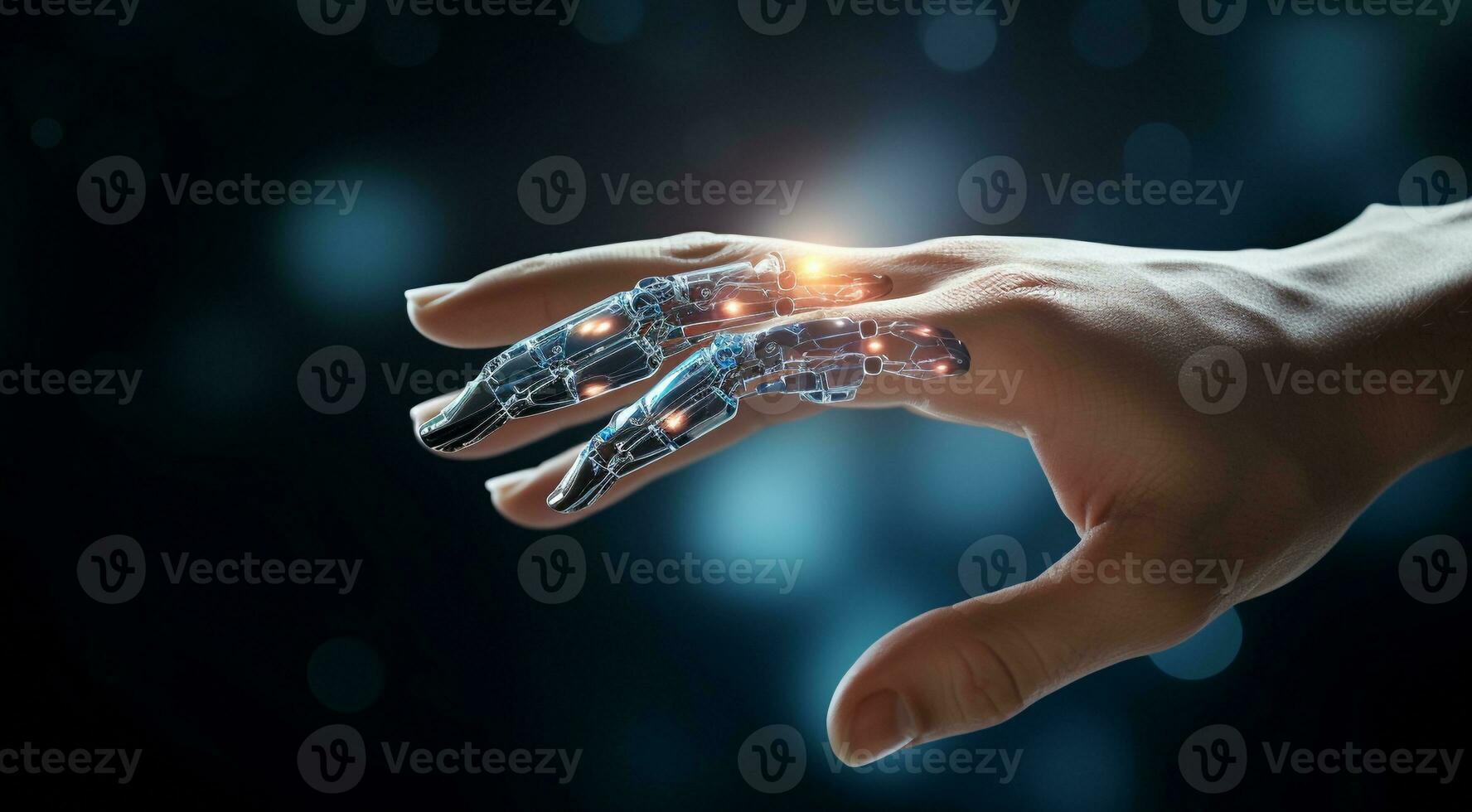 AI generated close-up of AI robot hand, AI robot hand on technology background, bionic robots hand close up, half human half robotic hand photo