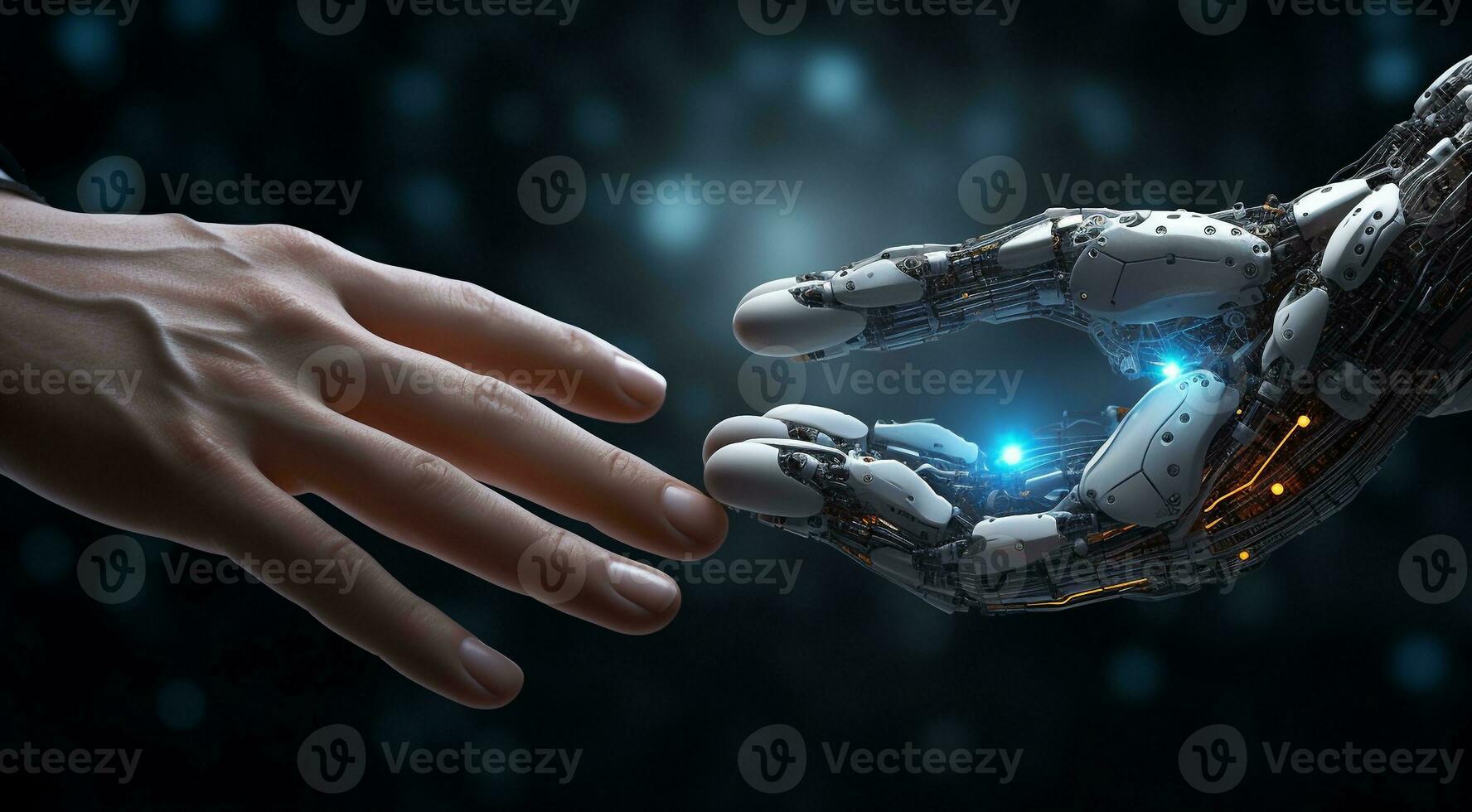 ai generado de cerca de ai robot mano, ai robot mano en tecnología fondo, biónico robots mano cerca arriba, medio humano medio robótico mano foto