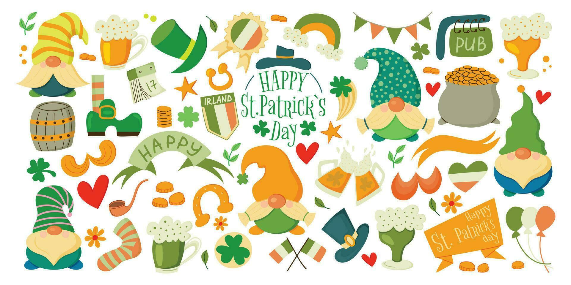 Saint Patrick s Day traditional symbols collection. Irish flags, beer mugs, clover, rainbow, leprechaun hat, pot of gold coins vector