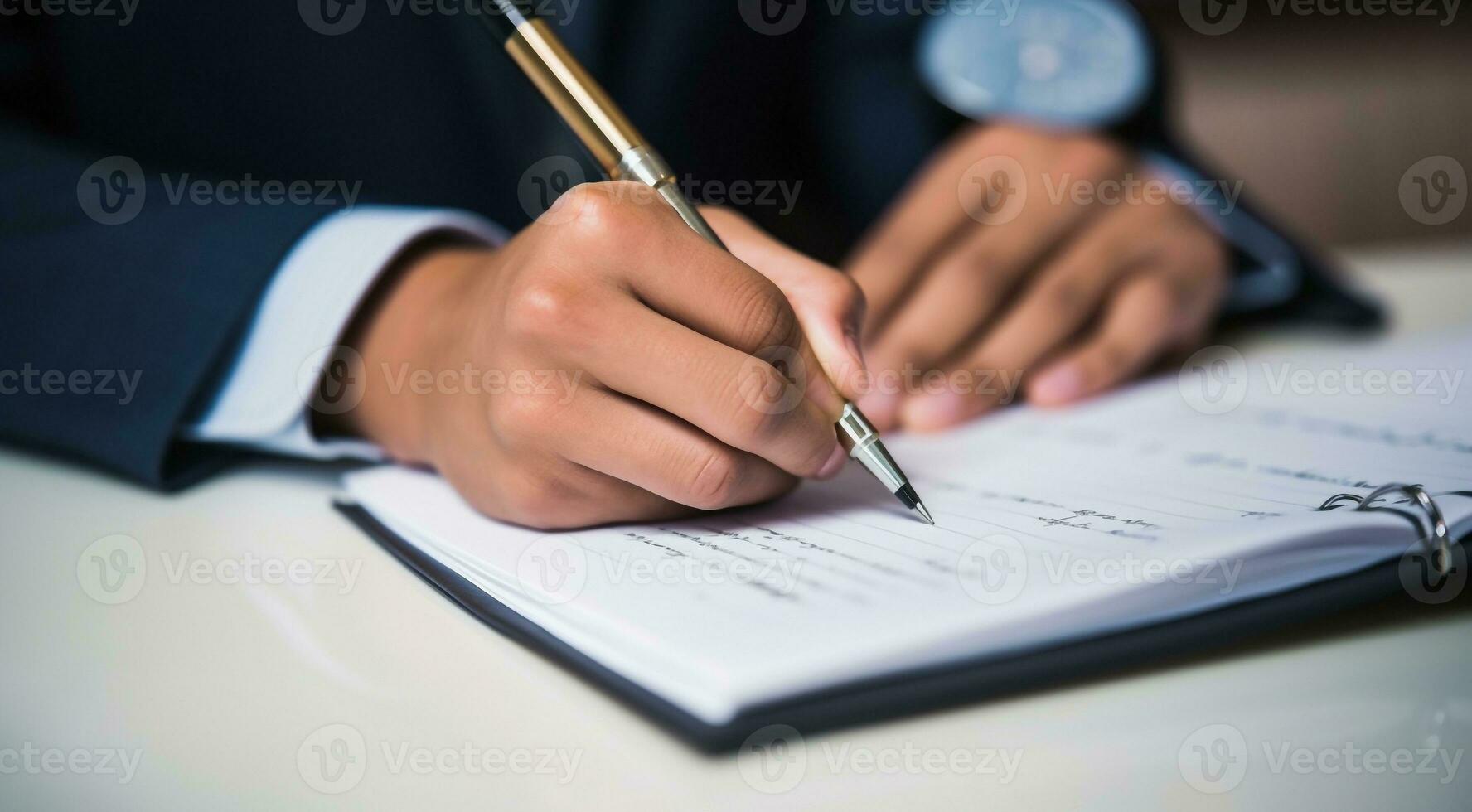 AI generated person signing a document, person writing on a notebook, close-up of bussinessman hand writing on a notebook with pen, person writing with pen photo