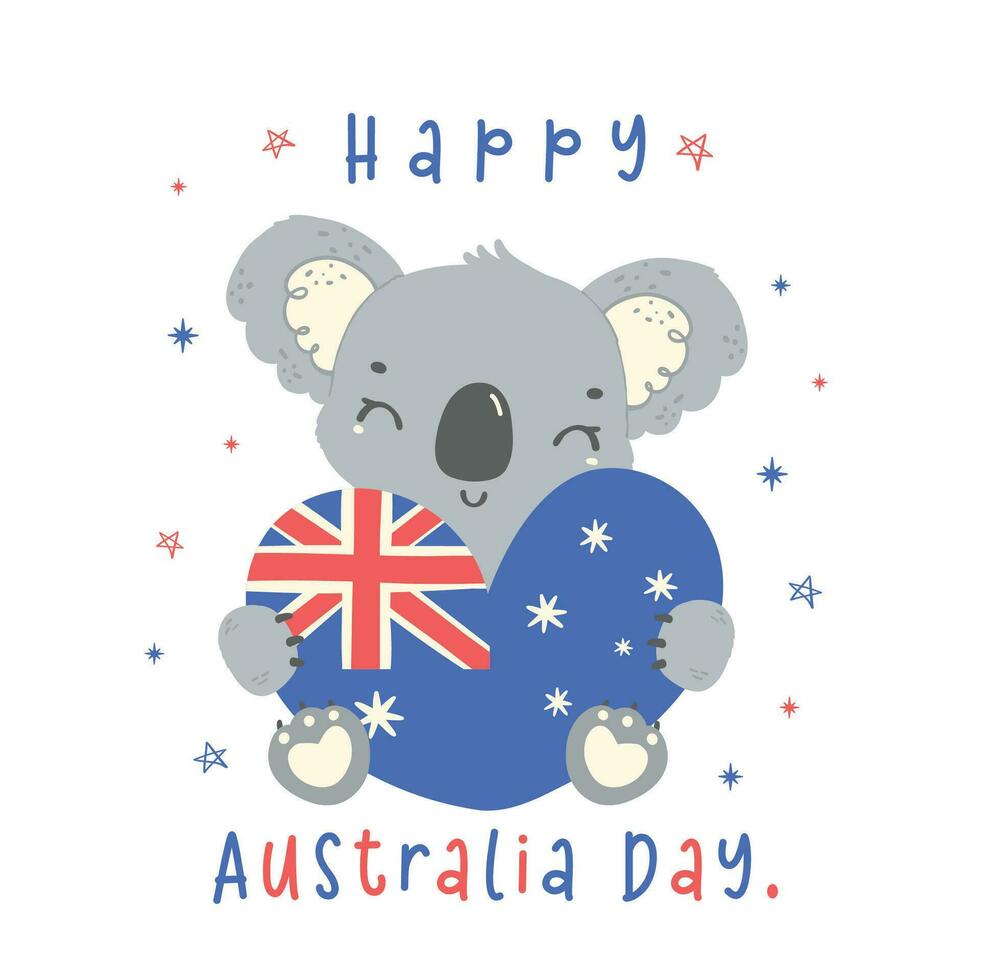 contento Australia día coala abrazo bandera corazón en adorable pose. animal celebrar australiano nación día dibujos animados mano dibujo. vector