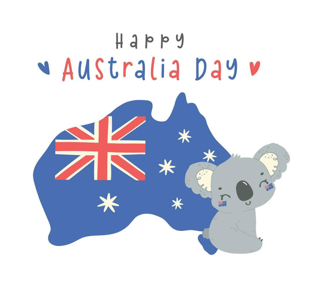 contento Australia día coala con mapa, adorable bebé animal celebrar australiano nación día dibujos animados mano dibujo. vector