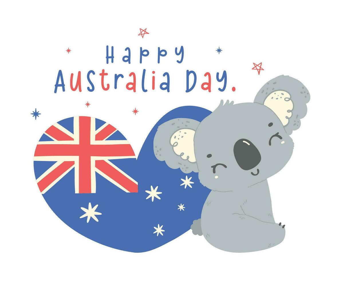 contento Australia día coala con bandera corazón en adorable pose. animal celebrar australiano nación día dibujos animados mano dibujo. vector