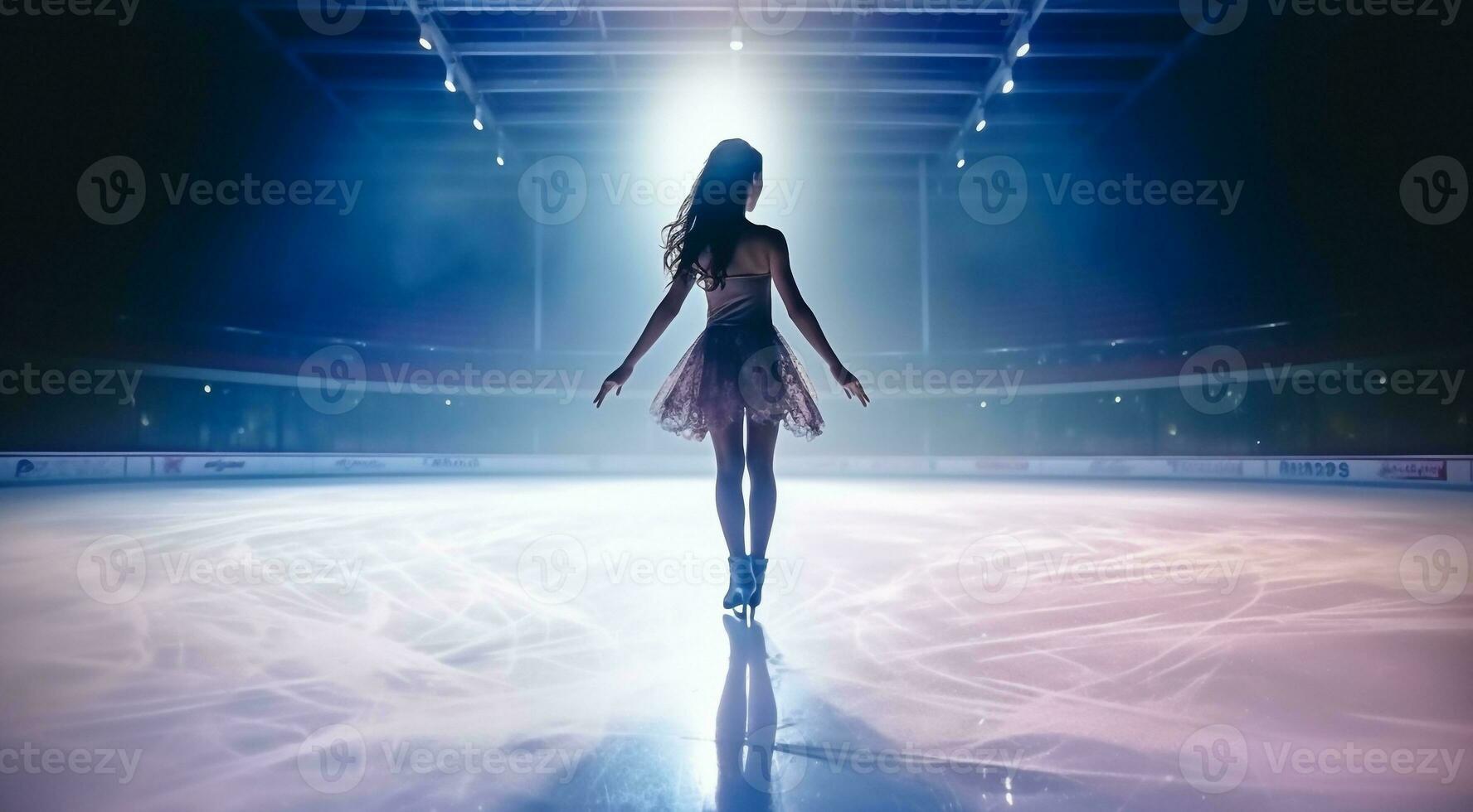 AI generated figure skating scene, figure skater doing tricks in ice in professional stadium, figure skater on the ice photo