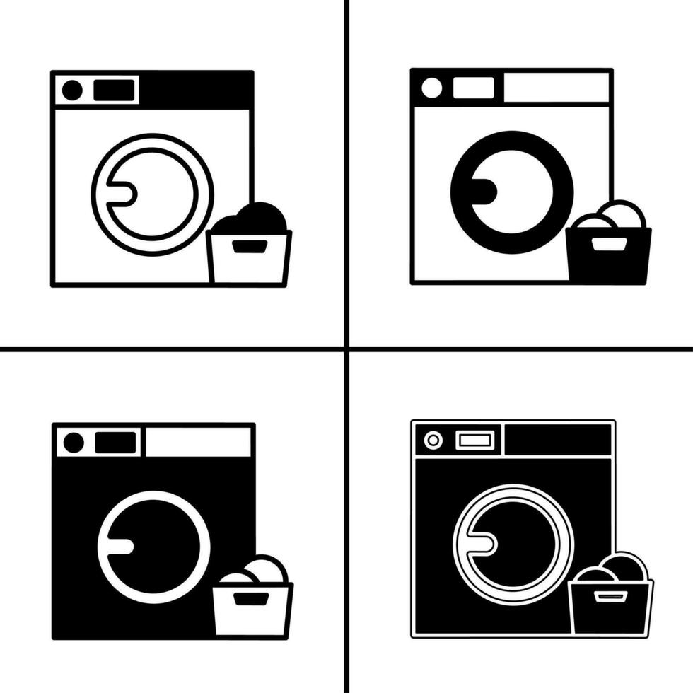 Vector black and white illustration of laundry machine icon for business. Stock vector design.