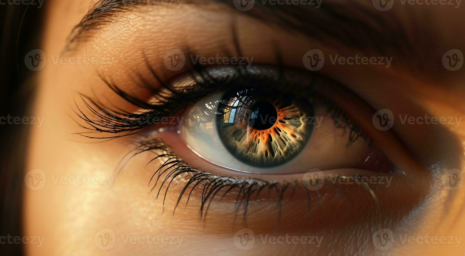 AI generated close up of a female eye, pupil of eye, close-up of green colored eye, colored eye, beautiful colored eye close up photo