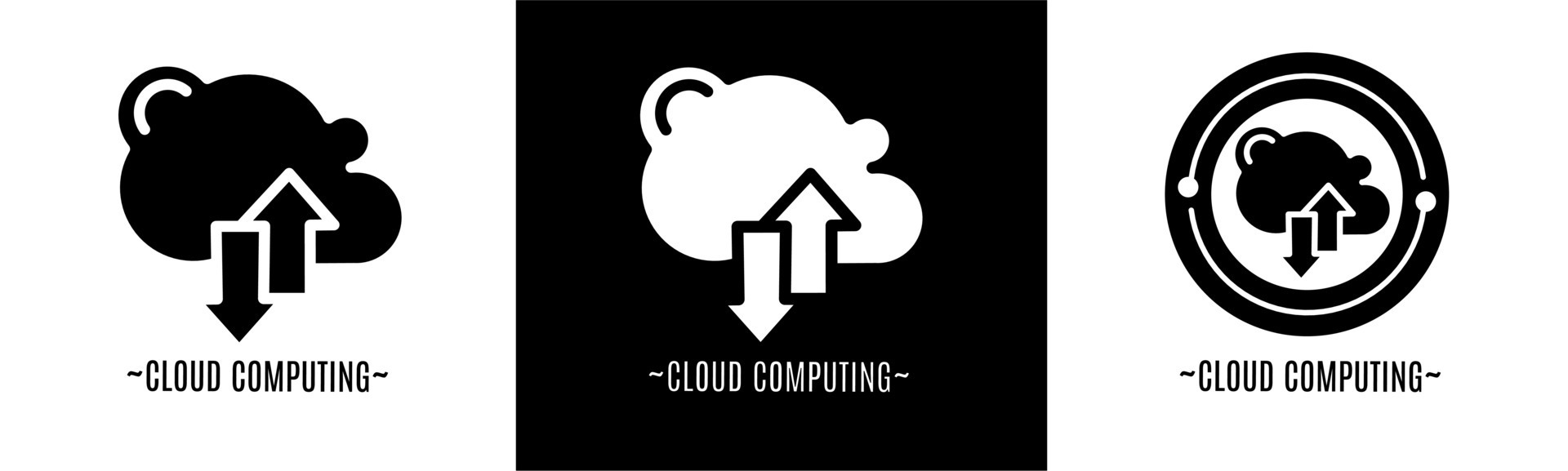 Cloud computing logo set. Collection of black and white logos. Stock