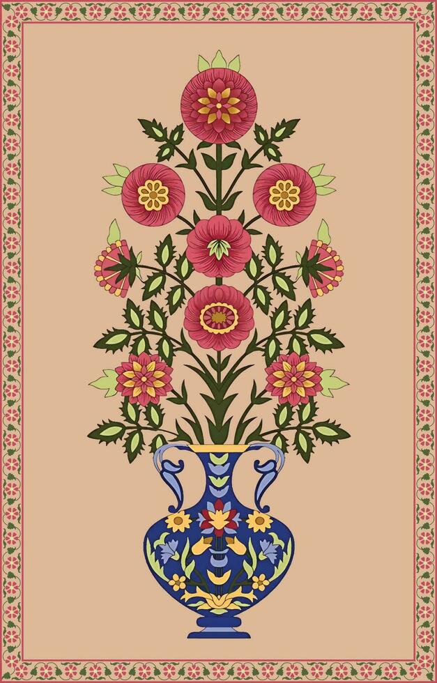 Beautiful Mughal hand drawn Mughal wall paintings. Vintage Indian Folk Flower Painting Art Prints Wall Pictures Decor. Mughal Floral Miniature Painting. vector