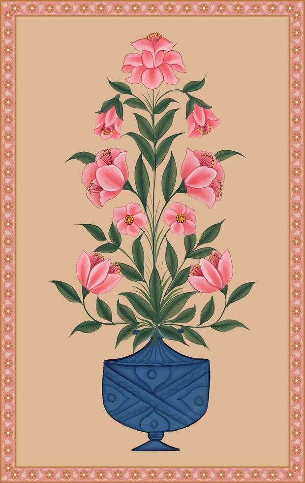 Beautiful Mughal hand drawn Mughal wall paintings. Vintage Indian Folk Flower Painting Art Prints Wall Pictures Decor. Mughal Floral Miniature Painting. vector