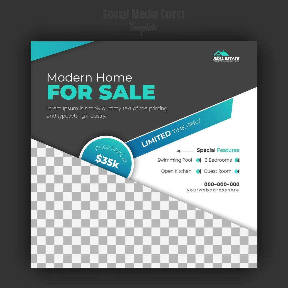 Modern, minimalist, luxury, elegant house for sale, social media post design template real estate company property sale promotion, renovation square banner, poster with green and black color shapes vector