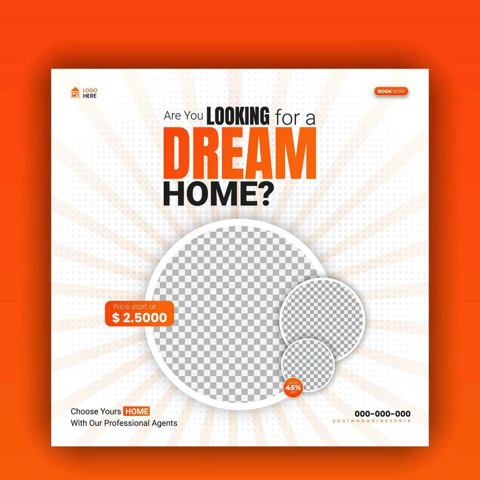 Real estate company dream house property promotion social media cover, modern and luxury house for sale web banner, post design template, advertising discount with abstract orange gradient vector