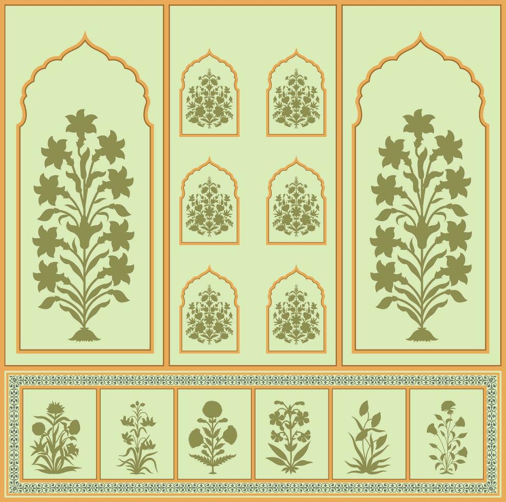 Mughal traditional art flower arch design. Textile Design Digital Border and Motif vector wall art background.