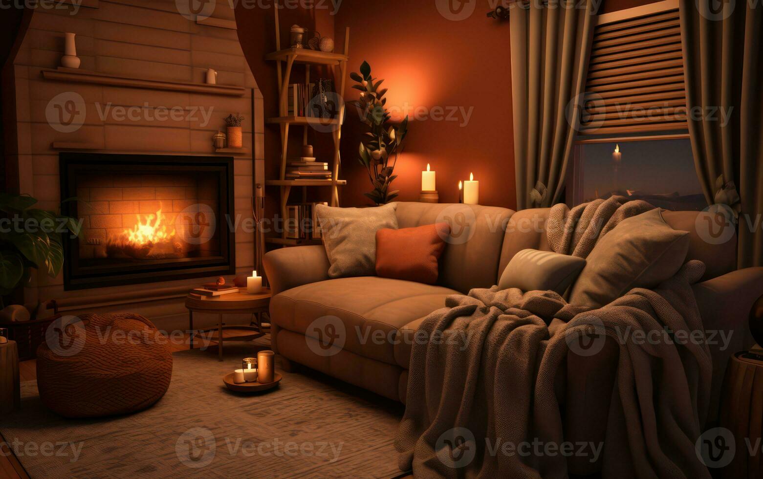 AI generated a cozy minimalist living room with fireplace interior design photo