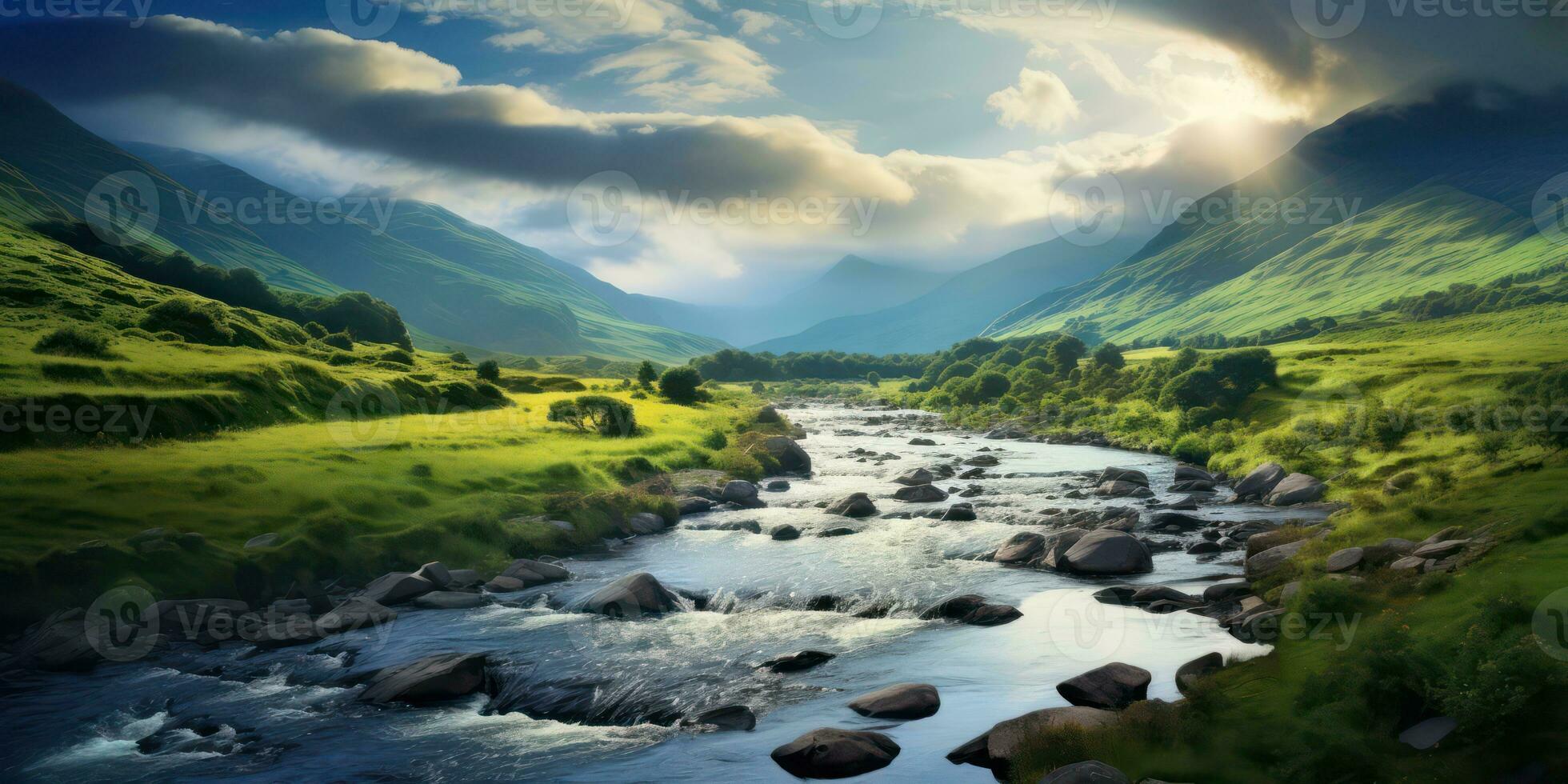 AI generated Lush Mountain Landscape with Running River photo