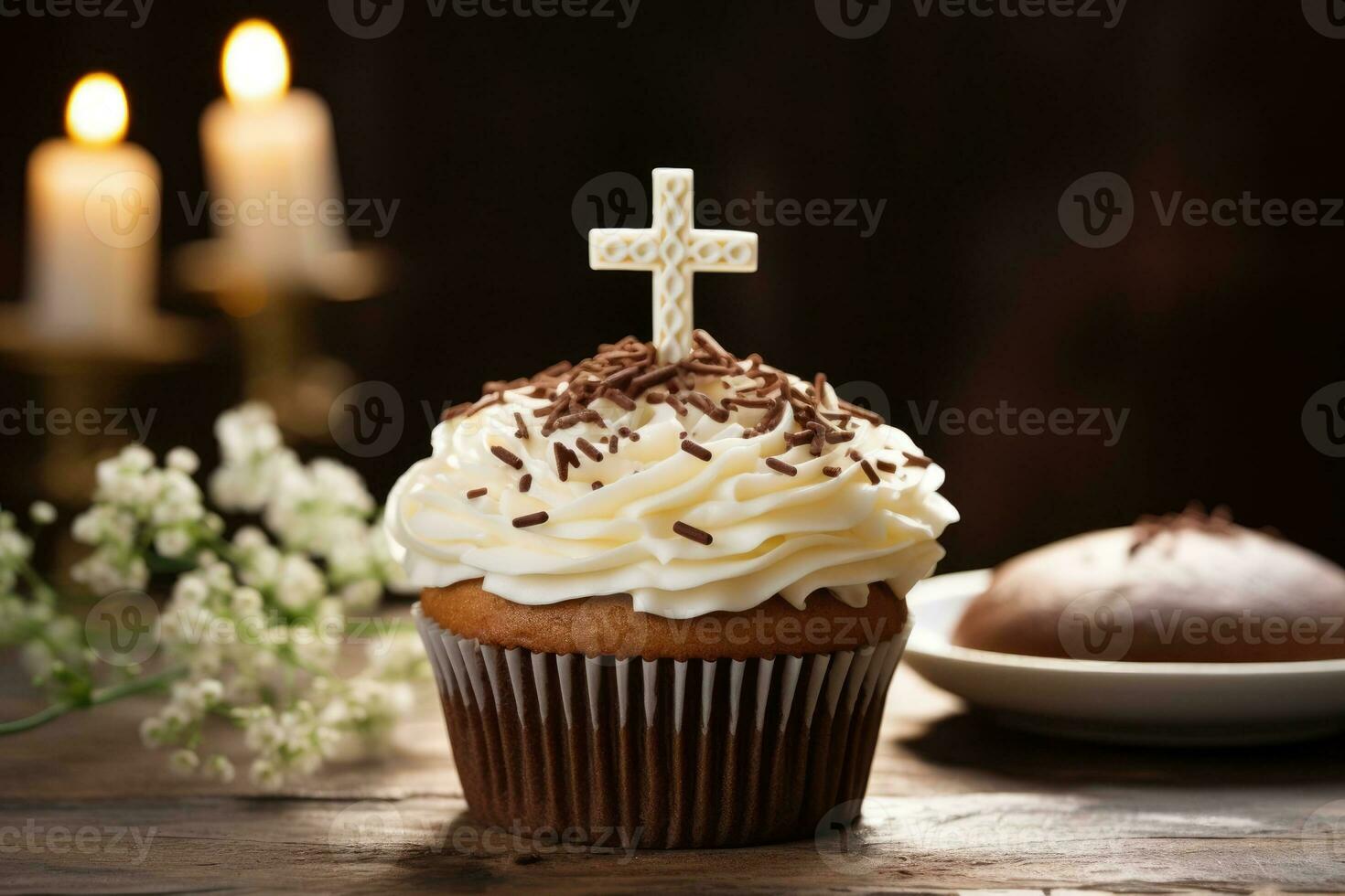 AI Generated Delicious Easter chocolate cupcake with Catholic cross decoration on the table, dark background, candles photo