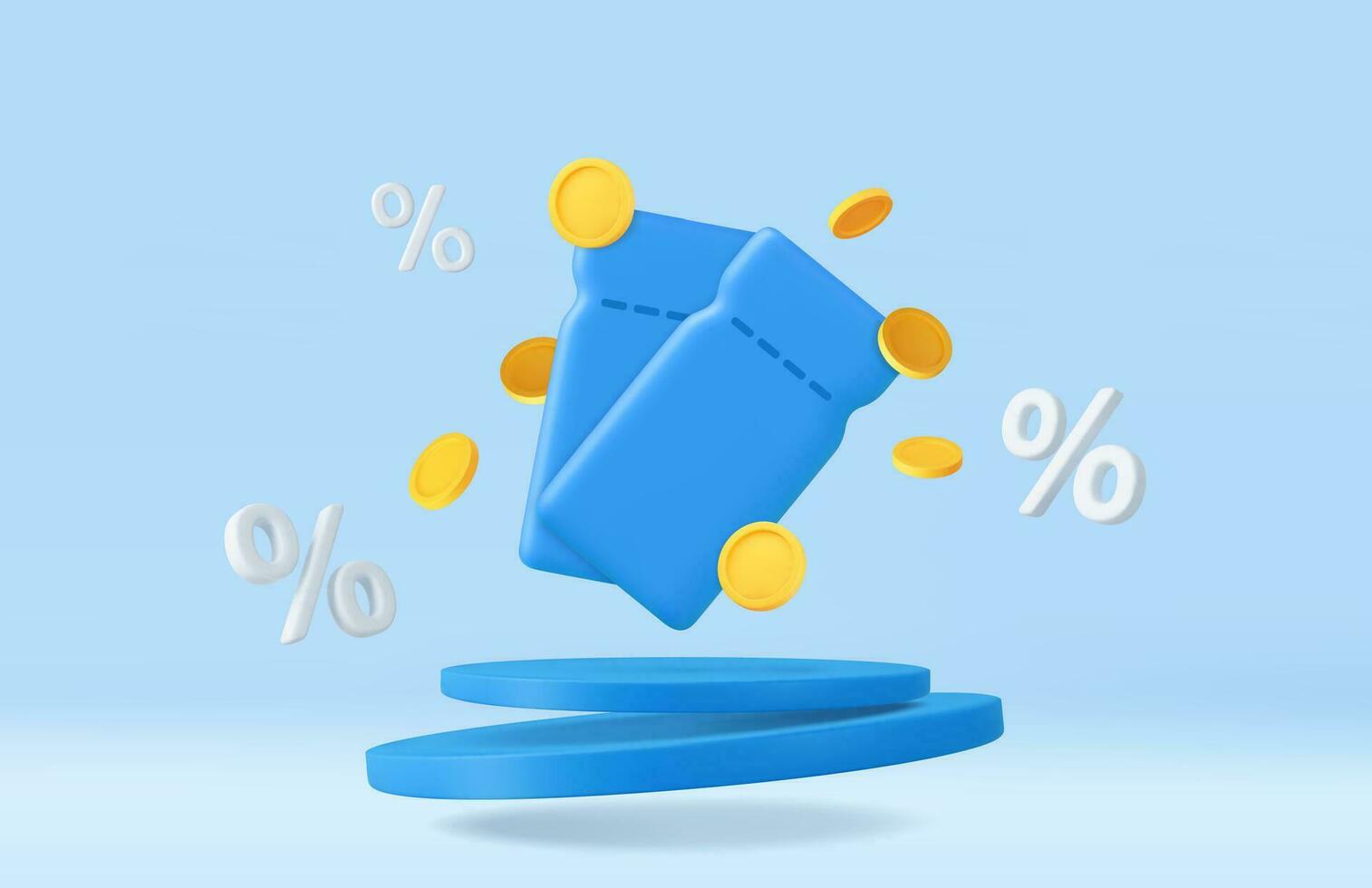 3d coupon with coins in blue podium background vector