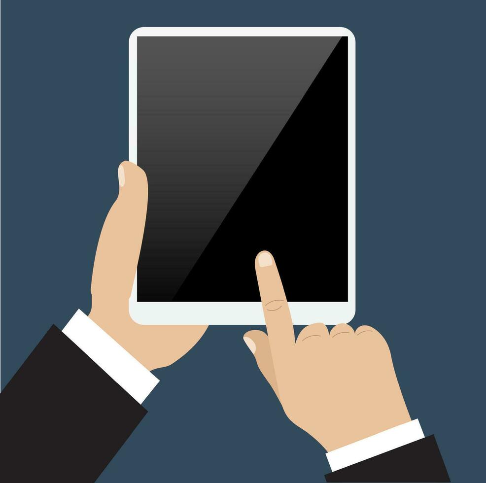 Business man holds and manages tablet computer vector