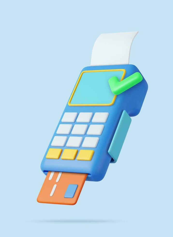 3d pos terminal con recibo y crédito tarjeta. vector