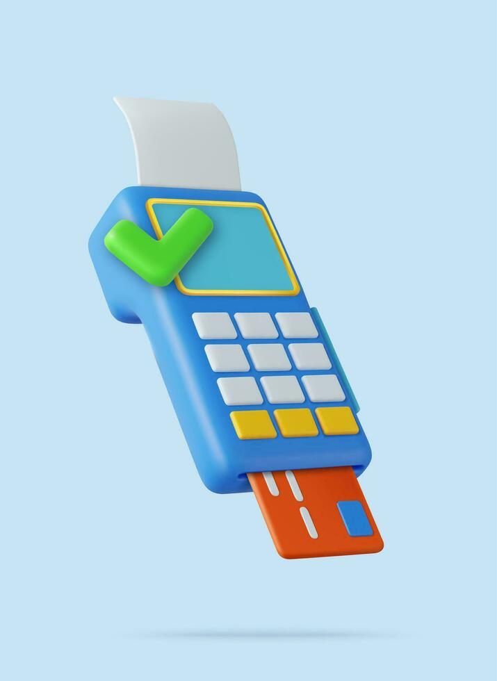 3d pos terminal con recibo y crédito tarjeta. vector