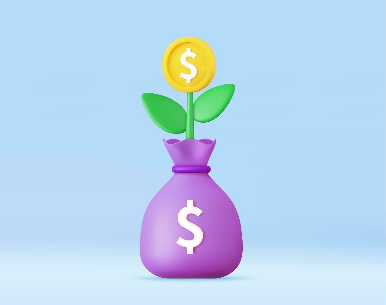 3d Money tree plant with bag money vector