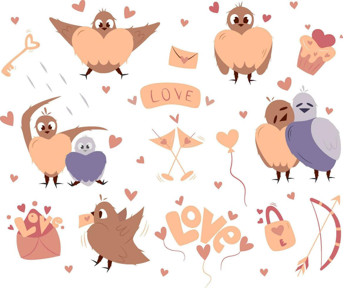 Set of valentine's day birds with heart, envelope,key,word love, lock, martini,bow and arrow,cupcake vector