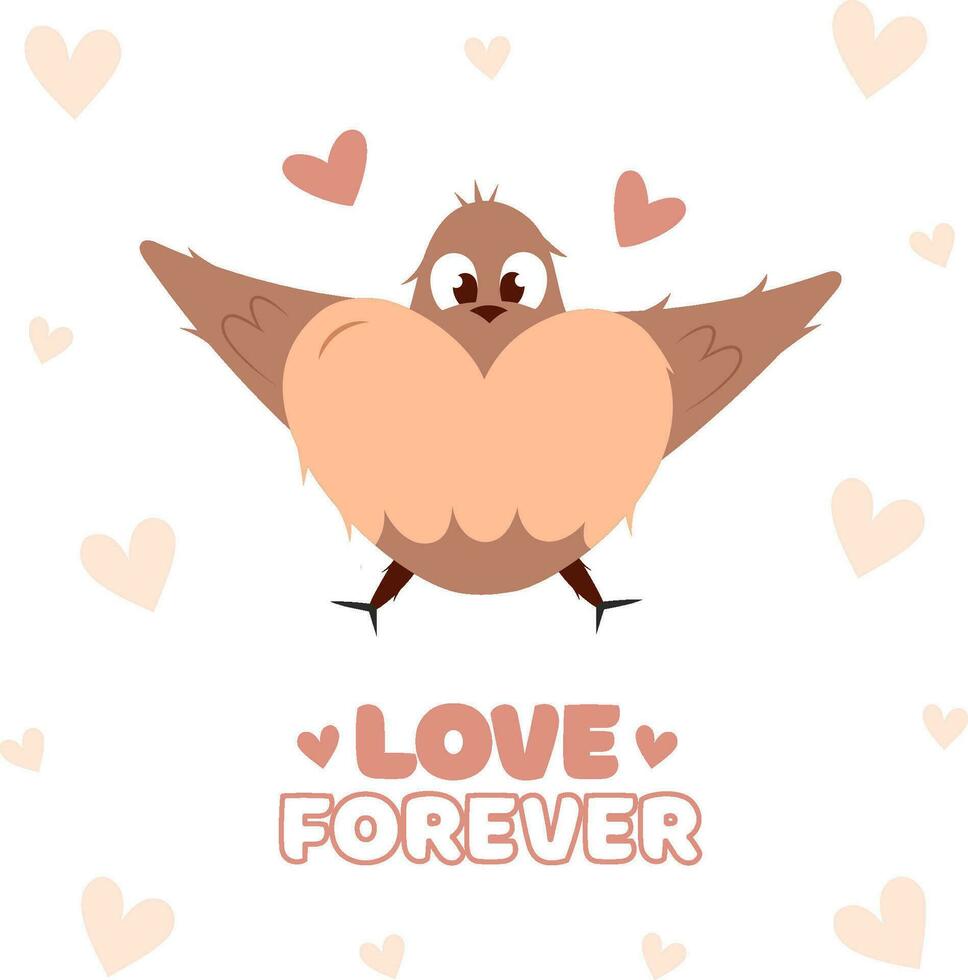 Hand draw flying bird with hearts Valentine's day poscard with lettering love forever.Peach fuzz, pink and red colors. Vector illustration on white background.Doodle style.