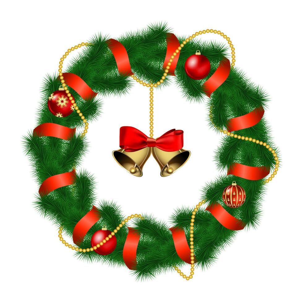 Christmas wreath with baubles and christmas bell. vector