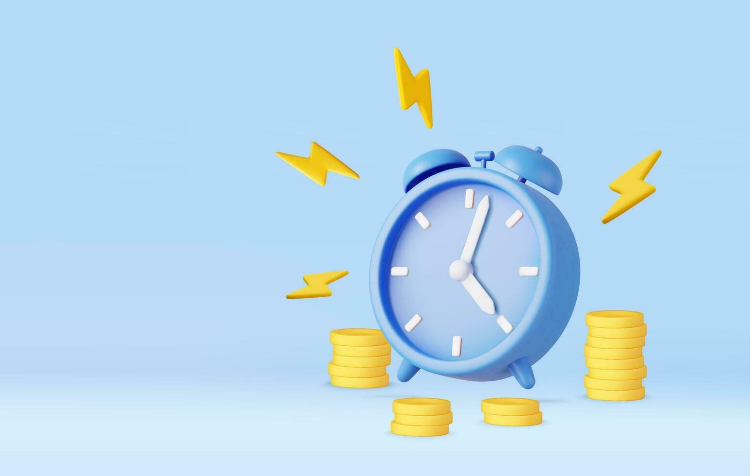 3d Alarm clock ringing and coins stack. vector