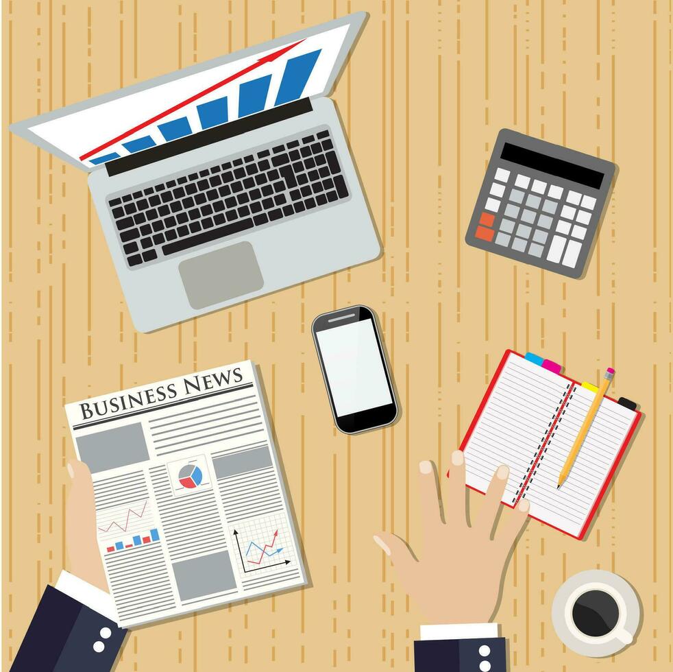 Top view of workplace manager holding newspaper vector