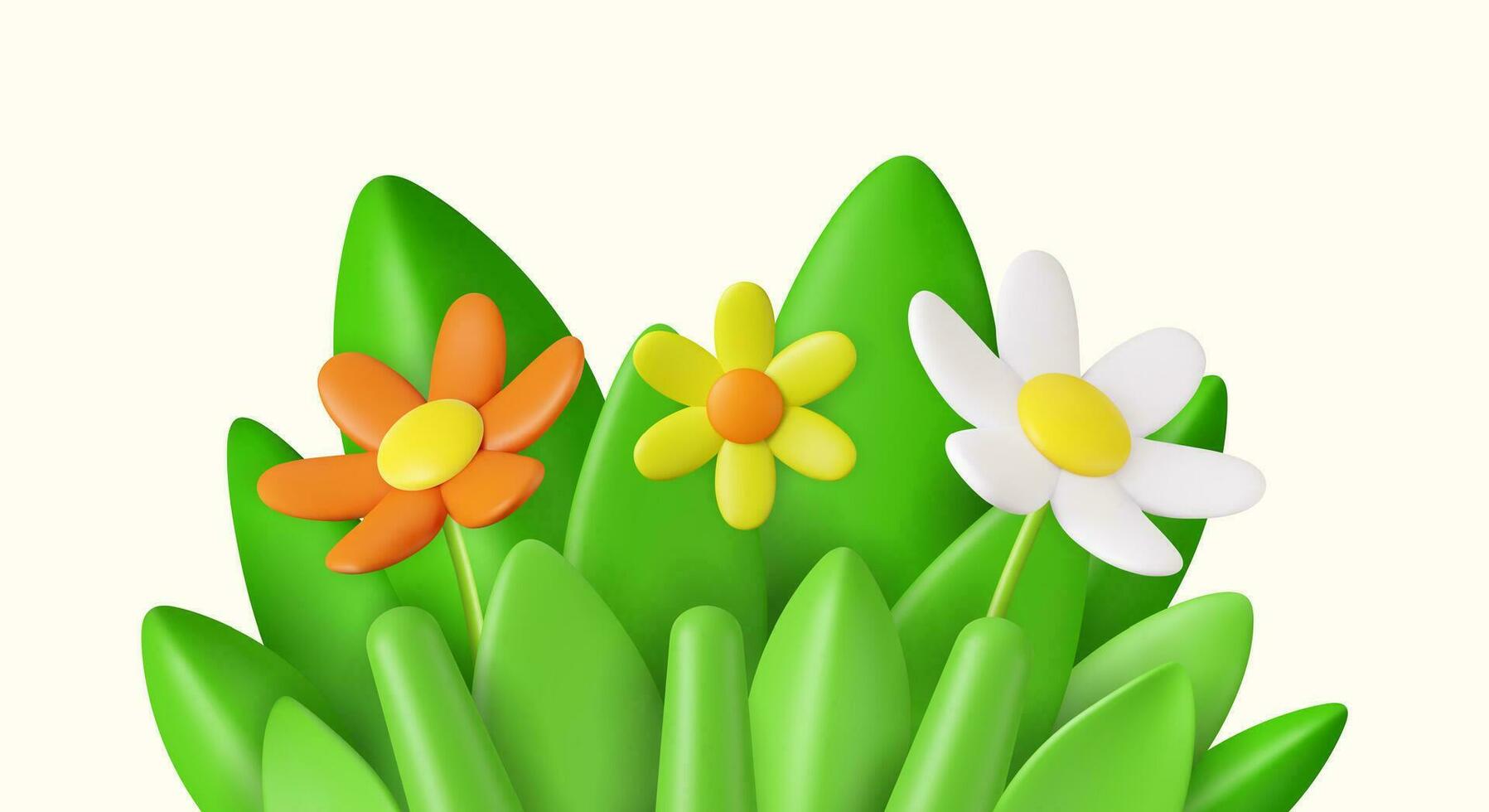 3d realistic daisies, grass and leaves vector