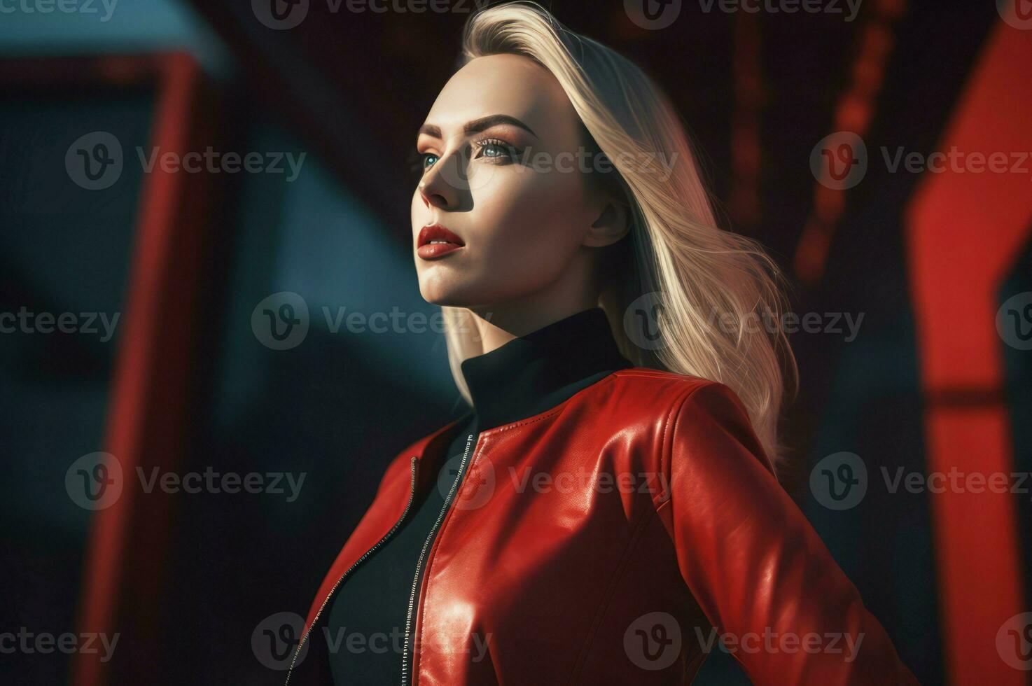 AI generated Blonde woman in modern red leather jacket. Generate ai photo