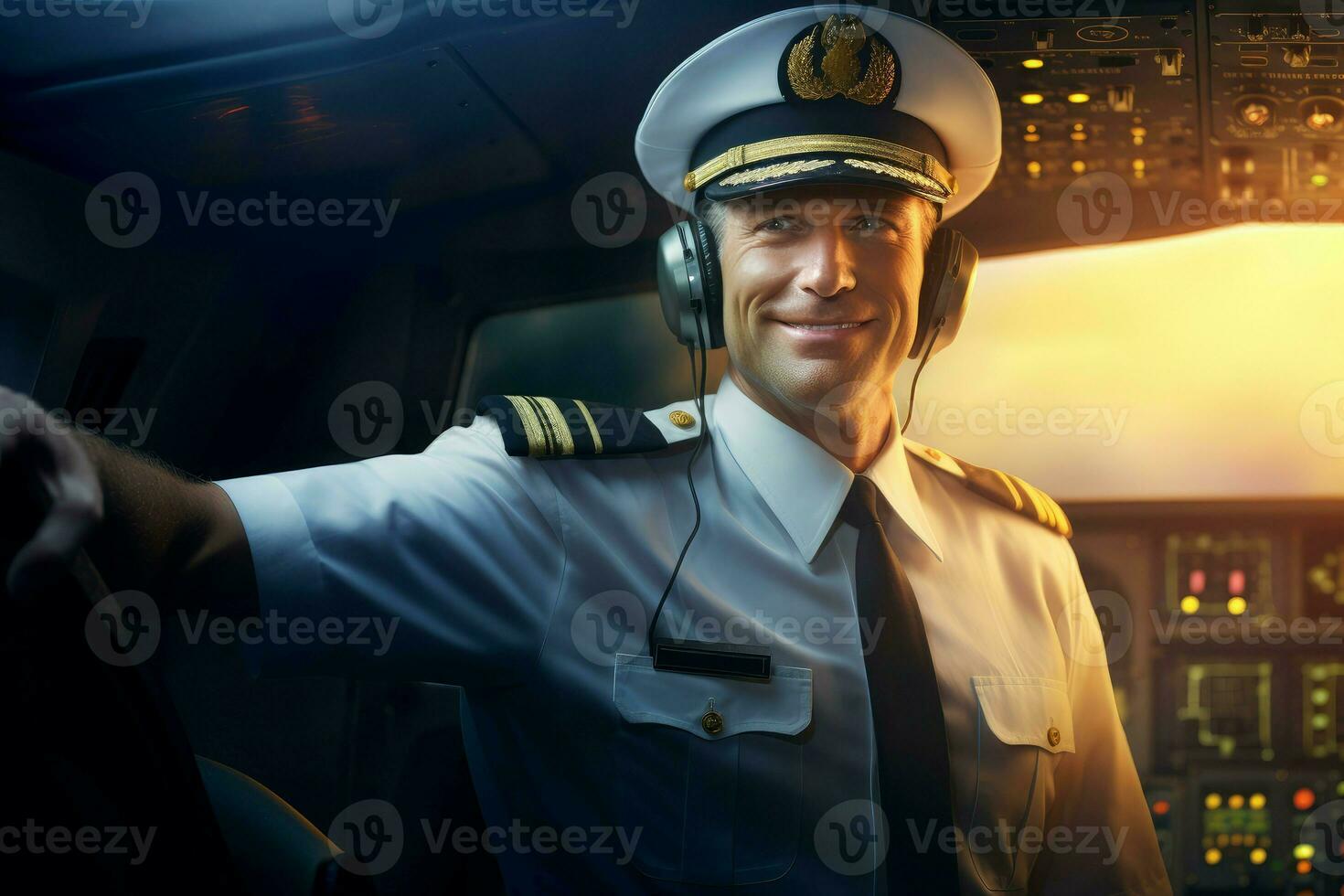 AI generated Authoritative Male captain airplane at sunset. Generate Ai photo