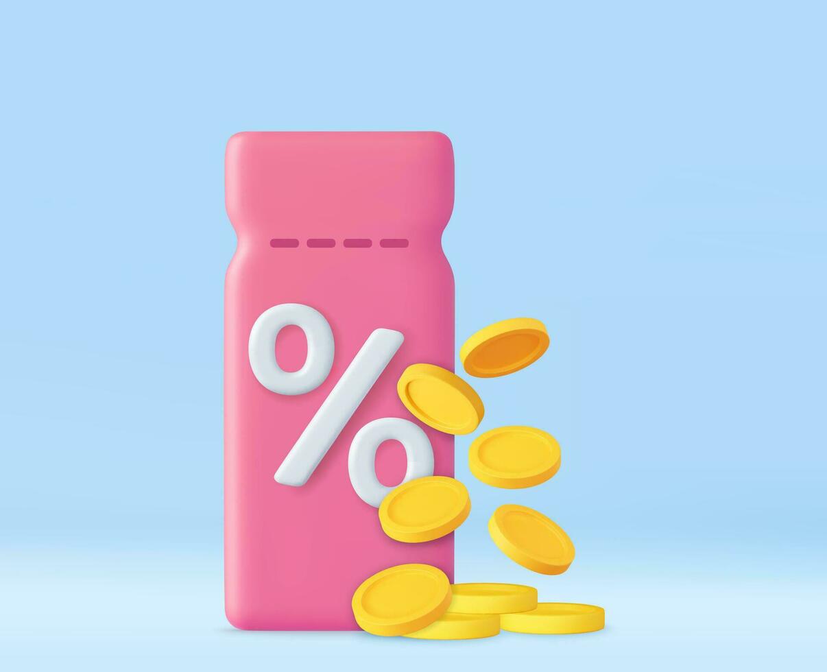 3d Coupon with Percent Symbol and Coins vector