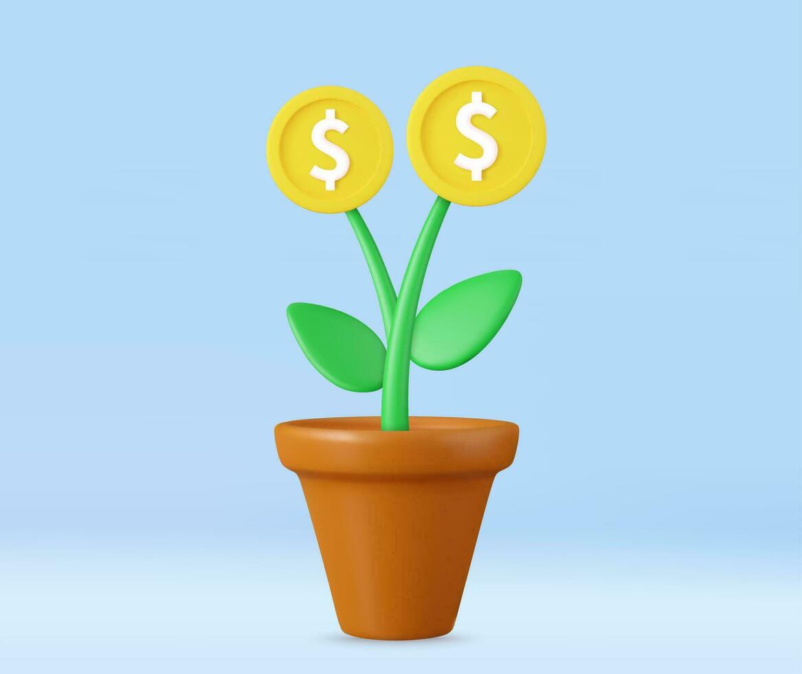 3d money tree plant with coin vector